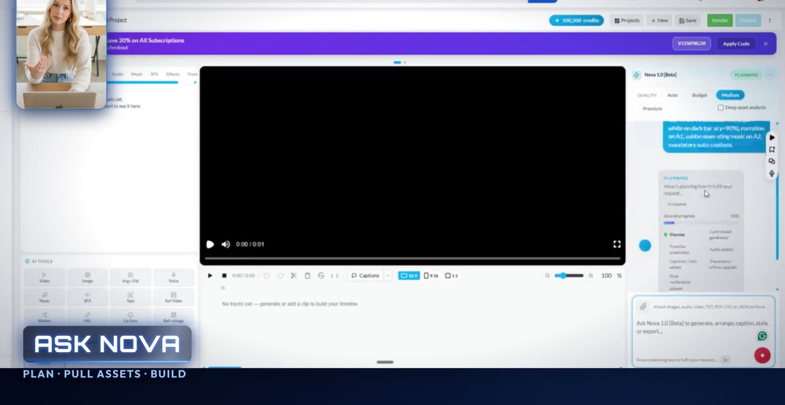 NepTime AI Video Editor with the Nova chat panel open next to the preview and timeline